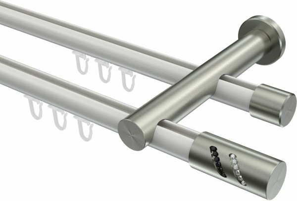 Innenlauf Gardinenstange Aluminium / Metall 20 mm Ø 2-läufig PLATON - Zoena Weiß / Edelstahl-Optik 440 cm (2 x 220 cm)