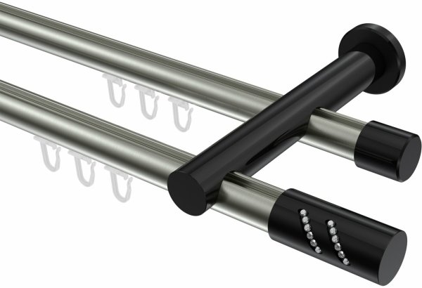 Innenlauf Gardinenstange Aluminium / Metall 20 mm Ø 2-läufig PLATON - Zoena Edelstahl-Optik / Schwarz 100 cm