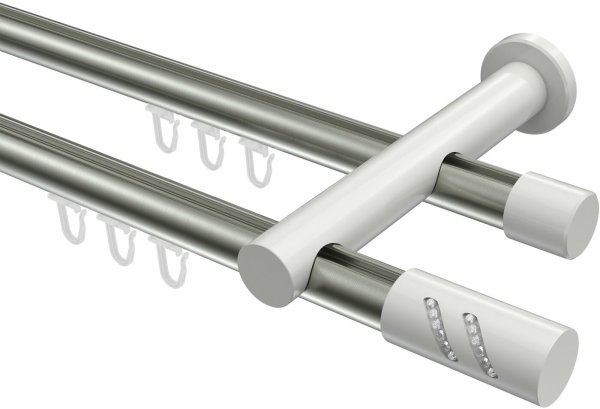 Innenlauf Gardinenstange Aluminium / Metall 20 mm Ø 2-läufig PLATON - Zoena Edelstahl-Optik / Weiß 100 cm