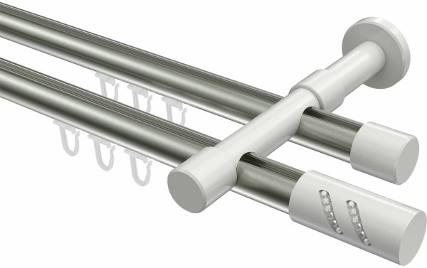 Innenlauf Gardinenstange Aluminium / Metall 20 mm Ø 2-läufig PRESTIGE - Zoena Edelstahl-Optik / Weiß 100 cm