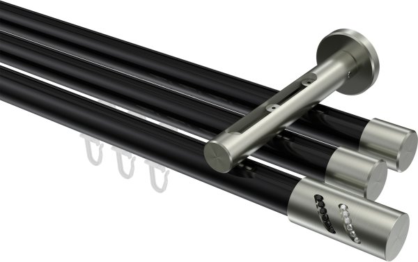 Innenlauf Gardinenstange Aluminium / Metall 20 mm Ø 3-läufig SITENO - Zoena Schwarz / Edelstahl-Optik 100 cm