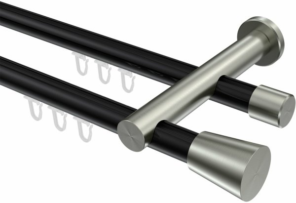 Innenlauf Gardinenstange Aluminium / Metall 20 mm Ø 2-läufig PLATON - Sitra Schwarz / Edelstahl-Optik 100 cm