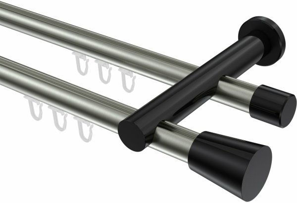 Innenlauf Gardinenstange Aluminium / Metall 20 mm Ø 2-läufig PLATON - Sitra Edelstahl-Optik / Schwarz 100 cm