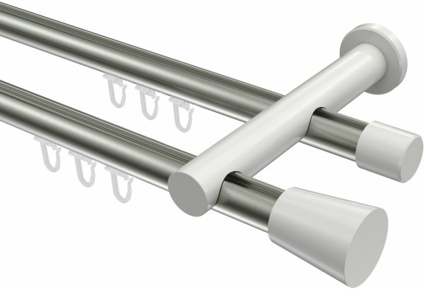 Innenlauf Gardinenstange Aluminium / Metall 20 mm Ø 2-läufig PLATON - Sitra Edelstahl-Optik / Weiß 100 cm