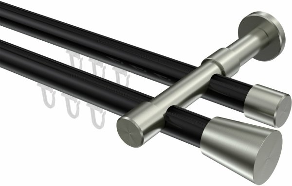 Innenlauf Gardinenstange Aluminium / Metall 20 mm Ø 2-läufig PRESTIGE - Sitra Schwarz / Edelstahl-Optik 100 cm