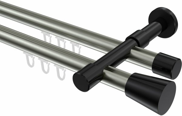 Innenlauf Gardinenstange Aluminium / Metall 20 mm Ø 2-läufig PRESTIGE - Sitra Edelstahl-Optik / Schwarz 100 cm
