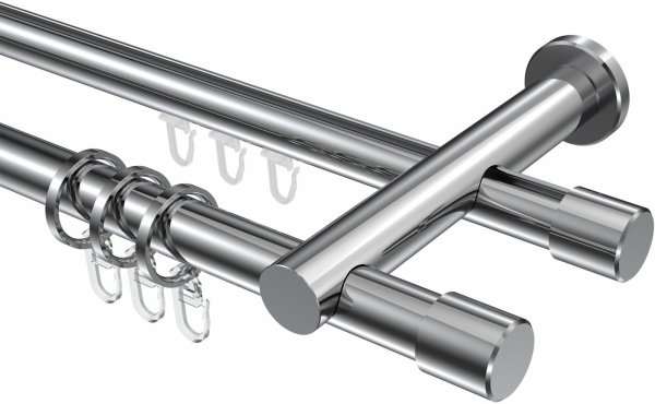 Rundrohr-Innenlauf Gardinenstange Aluminium / Metall 20 mm Ø 2-läufig PLATON - Santo Chrom 320 cm (2 x 160 cm)