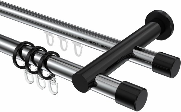Rundrohr-Innenlauf Gardinenstange Aluminium / Metall 20 mm Ø 2-läufig PLATON - Santo Chrom / Schwarz 280 cm (2 x 140 cm)