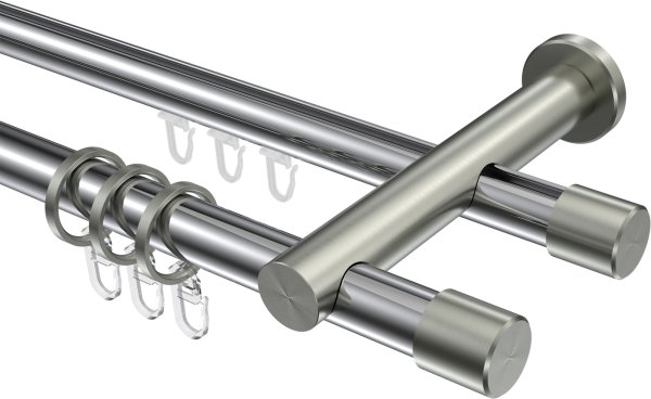 Rundrohr-Innenlauf Gardinenstange Aluminium / Metall 20 mm Ø 2-läufig PLATON - Santo Chrom / Edelstahl-Optik 100 cm