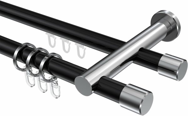 Rundrohr-Innenlauf Gardinenstange Aluminium / Metall 20 mm Ø 2-läufig PLATON - Santo Schwarz / Chrom 280 cm (2 x 140 cm)