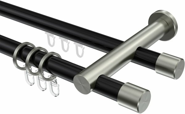 Rundrohr-Innenlauf Gardinenstange Aluminium / Metall 20 mm Ø 2-läufig PLATON - Santo Schwarz / Edelstahl-Optik 400 cm (2 x 200 cm)