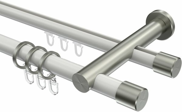 Rundrohr-Innenlauf Gardinenstange Aluminium / Metall 20 mm Ø 2-läufig PLATON - Santo Weiß / Edelstahl-Optik 100 cm