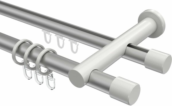 Rundrohr-Innenlauf Gardinenstange Aluminium / Metall 20 mm Ø 2-läufig PLATON - Santo Silbergrau / Weiß 360 cm (2 x 180 cm)