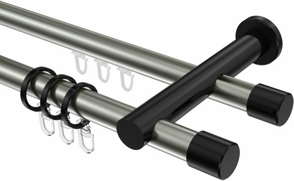 Rundrohr-Innenlauf Gardinenstange Aluminium / Metall 20 mm Ø 2-läufig PLATON - Santo Edelstahl-Optik / Schwarz 100 cm