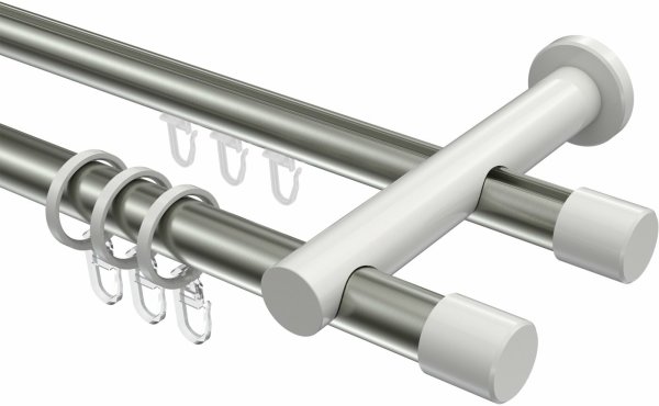 Rundrohr-Innenlauf Gardinenstange Aluminium / Metall 20 mm Ø 2-läufig PLATON - Santo Edelstahl-Optik / Weiß 100 cm