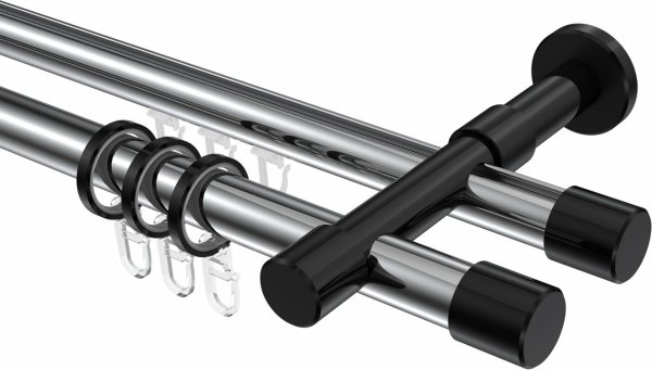 Rundrohr-Innenlauf Gardinenstange Aluminium / Metall 20 mm Ø 2-läufig PRESTIGE - Santo Chrom / Schwarz 400 cm (2 x 200 cm)