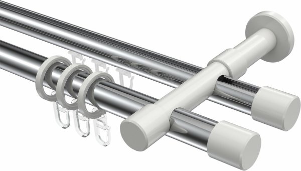 Rundrohr-Innenlauf Gardinenstange Aluminium / Metall 20 mm Ø 2-läufig PRESTIGE - Santo Chrom / Weiß 240 cm