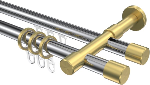 Rundrohr-Innenlauf Gardinenstange Aluminium / Metall 20 mm Ø 2-läufig PRESTIGE - Santo Chrom / Messing-Optik 100 cm