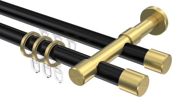 Rundrohr-Innenlauf Gardinenstange Aluminium / Metall 20 mm Ø 2-läufig PRESTIGE - Santo Schwarz / Messing-Optik 100 cm