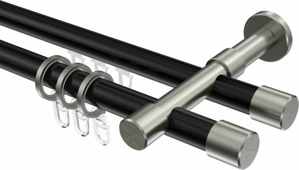 Rundrohr-Innenlauf Gardinenstange Aluminium / Metall 20 mm Ø 2-läufig PRESTIGE - Santo Schwarz / Edelstahl-Optik 360 cm (2 x 180 cm)