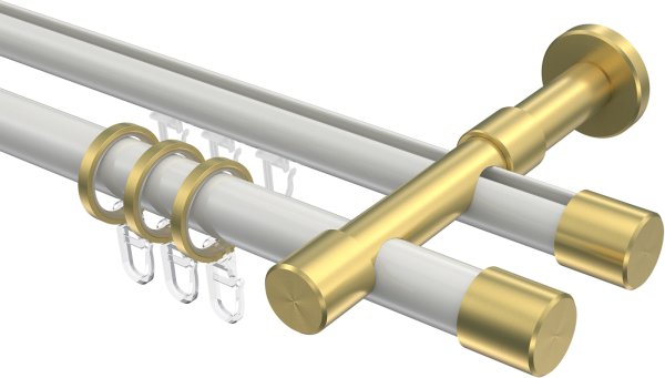 Rundrohr-Innenlauf Gardinenstange Aluminium / Metall 20 mm Ø 2-läufig PRESTIGE - Santo Weiß / Messing-Optik 100 cm