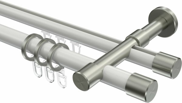 Rundrohr-Innenlauf Gardinenstange Aluminium / Metall 20 mm Ø 2-läufig PRESTIGE - Santo Weiß / Edelstahl-Optik 100 cm