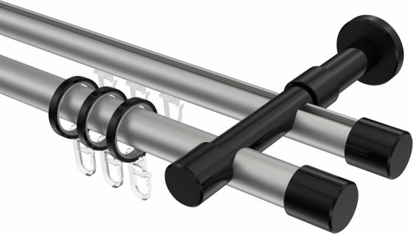 Rundrohr-Innenlauf Gardinenstange Aluminium / Metall 20 mm Ø 2-läufig PRESTIGE - Santo Silbergrau / Schwarz 100 cm