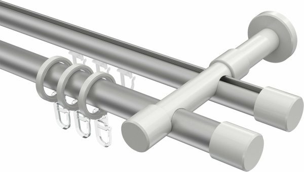 Rundrohr-Innenlauf Gardinenstange Aluminium / Metall 20 mm Ø 2-läufig PRESTIGE - Santo Silbergrau / Weiß 100 cm