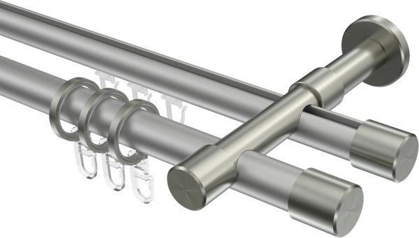 Rundrohr-Innenlauf Gardinenstange Aluminium / Metall 20 mm Ø 2-läufig PRESTIGE - Santo Silbergrau / Edelstahl-Optik 100 cm