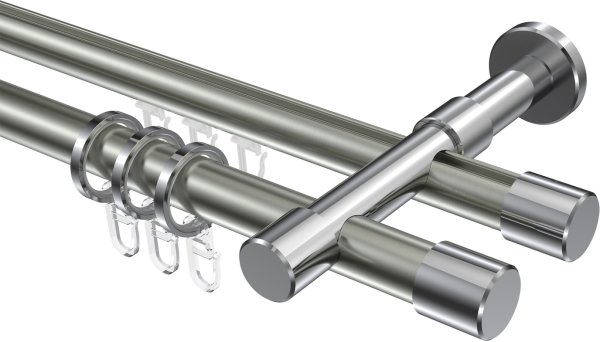 Rundrohr-Innenlauf Gardinenstange Aluminium / Metall 20 mm Ø 2-läufig PRESTIGE - Santo Edelstahl-Optik / Chrom 100 cm