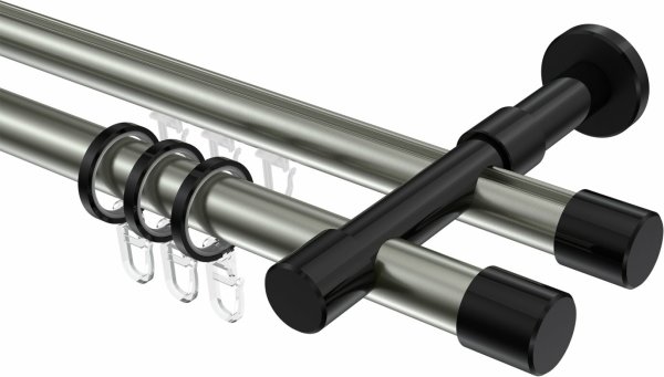 Rundrohr-Innenlauf Gardinenstange Aluminium / Metall 20 mm Ø 2-läufig PRESTIGE - Santo Edelstahl-Optik / Schwarz 100 cm