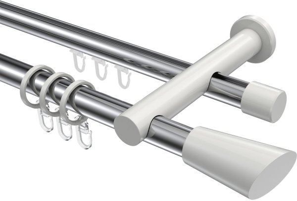 Rundrohr-Innenlauf Gardinenstange Aluminium / Metall 20 mm Ø 2-läufig PLATON - Bento Chrom / Weiß 280 cm (2 x 140 cm)