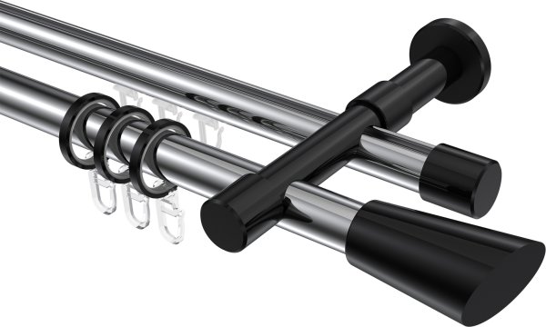 Rundrohr-Innenlauf Gardinenstange Aluminium / Metall 20 mm Ø 2-läufig PRESTIGE - Bento Chrom / Schwarz 100 cm
