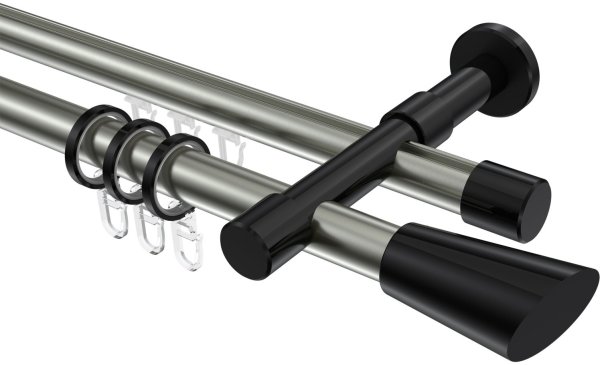 Rundrohr-Innenlauf Gardinenstange Aluminium / Metall 20 mm Ø 2-läufig PRESTIGE - Bento Edelstahl-Optik / Schwarz 100 cm
