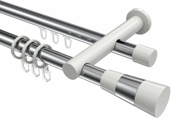 Rundrohr-Innenlauf Gardinenstange Aluminium / Metall 20 mm Ø 2-läufig PLATON - Tanara Chrom / Weiß 140 cm
