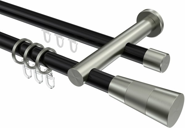 Rundrohr-Innenlauf Gardinenstange Aluminium / Metall 20 mm Ø 2-läufig PLATON - Tanara Schwarz / Edelstahl-Optik 360 cm (2 x 180 cm)