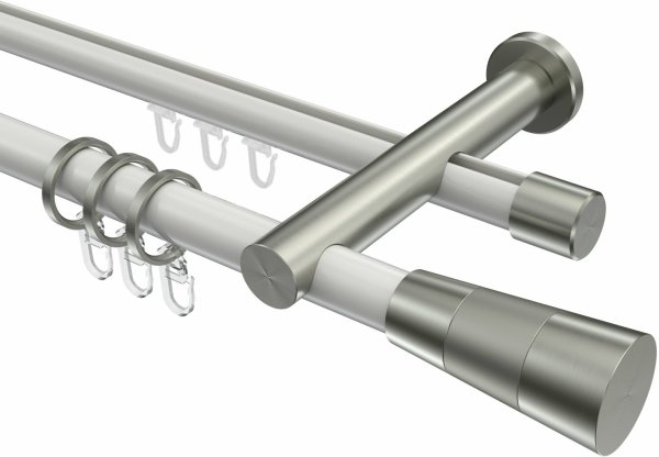 Rundrohr-Innenlauf Gardinenstange Aluminium / Metall 20 mm Ø 2-läufig PLATON - Tanara Weiß / Edelstahl-Optik 220 cm