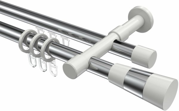 Rundrohr-Innenlauf Gardinenstange Aluminium / Metall 20 mm Ø 2-läufig PRESTIGE - Tanara Chrom / Weiß 100 cm