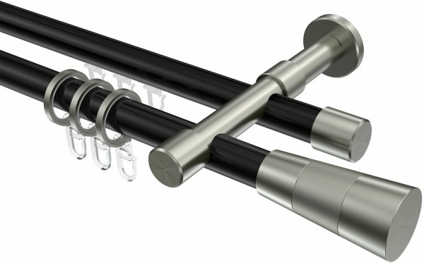 Rundrohr-Innenlauf Gardinenstange Aluminium / Metall 20 mm Ø 2-läufig PRESTIGE - Tanara Schwarz / Edelstahl-Optik 160 cm