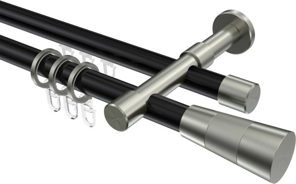 Rundrohr-Innenlauf Gardinenstange Aluminium / Metall 20 mm Ø 2-läufig PRESTIGE - Tanara Schwarz / Edelstahl-Optik 100 cm
