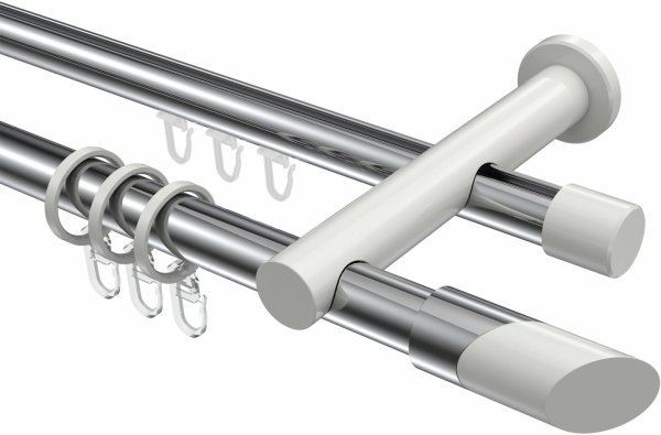 Rundrohr-Innenlauf Gardinenstange Aluminium / Metall 20 mm Ø 2-läufig PLATON - Verano Chrom / Weiß 220 cm