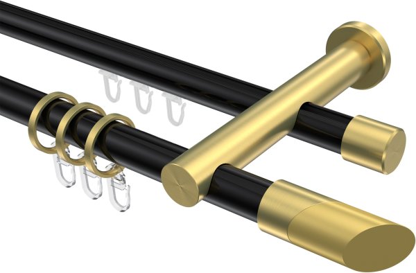 Rundrohr-Innenlauf Gardinenstange Aluminium / Metall 20 mm Ø 2-läufig PLATON - Verano Schwarz / Messing-Optik 100 cm