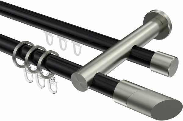 Rundrohr-Innenlauf Gardinenstange Aluminium / Metall 20 mm Ø 2-läufig PLATON - Verano Schwarz / Edelstahl-Optik 200 cm