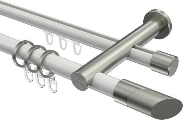 Rundrohr-Innenlauf Gardinenstange Aluminium / Metall 20 mm Ø 2-läufig PLATON - Verano Weiß / Edelstahl-Optik 100 cm