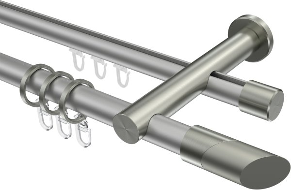 Rundrohr-Innenlauf Gardinenstange Aluminium / Metall 20 mm Ø 2-läufig PLATON - Verano Silbergrau / Edelstahl-Optik 100 cm