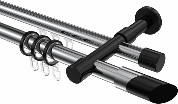 Rundrohr-Innenlauf Gardinenstange Aluminium / Metall 20 mm Ø 2-läufig PRESTIGE - Verano Chrom / Schwarz 200 cm
