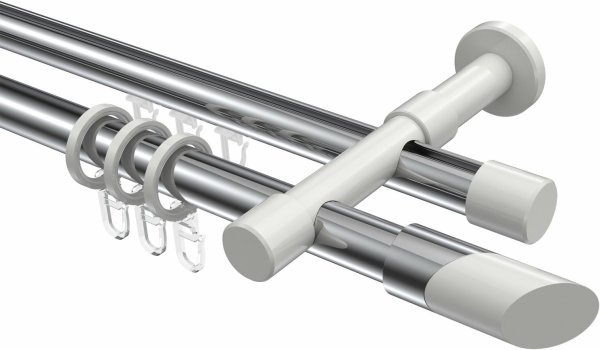 Rundrohr-Innenlauf Gardinenstange Aluminium / Metall 20 mm Ø 2-läufig PRESTIGE - Verano Chrom / Weiß 280 cm (2 x 140 cm)