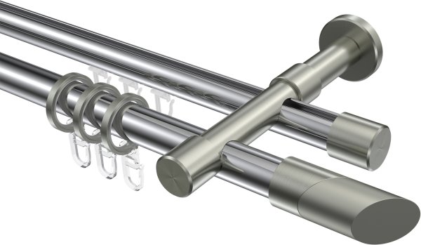 Rundrohr-Innenlauf Gardinenstange Aluminium / Metall 20 mm Ø 2-läufig PRESTIGE - Verano Chrom / Edelstahl-Optik 100 cm