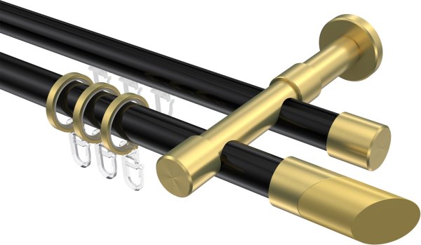 Rundrohr-Innenlauf Gardinenstange Aluminium / Metall 20 mm Ø 2-läufig PRESTIGE - Verano Schwarz / Messing-Optik 100 cm