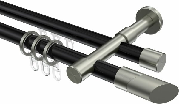 Rundrohr-Innenlauf Gardinenstange Aluminium / Metall 20 mm Ø 2-läufig PRESTIGE - Verano Schwarz / Edelstahl-Optik 160 cm